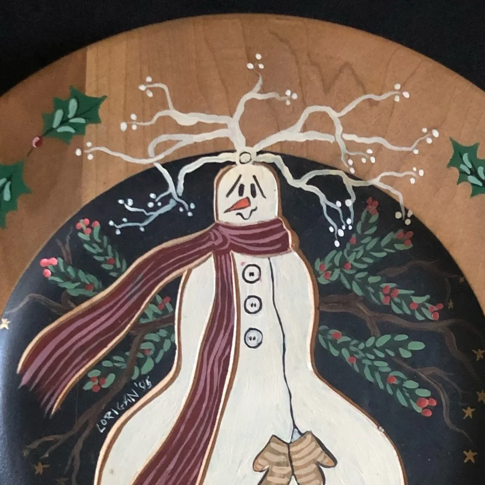 Hand-Painted Primitive Artist Signed Wood Plate Wall Plaque - Snowman Christmas